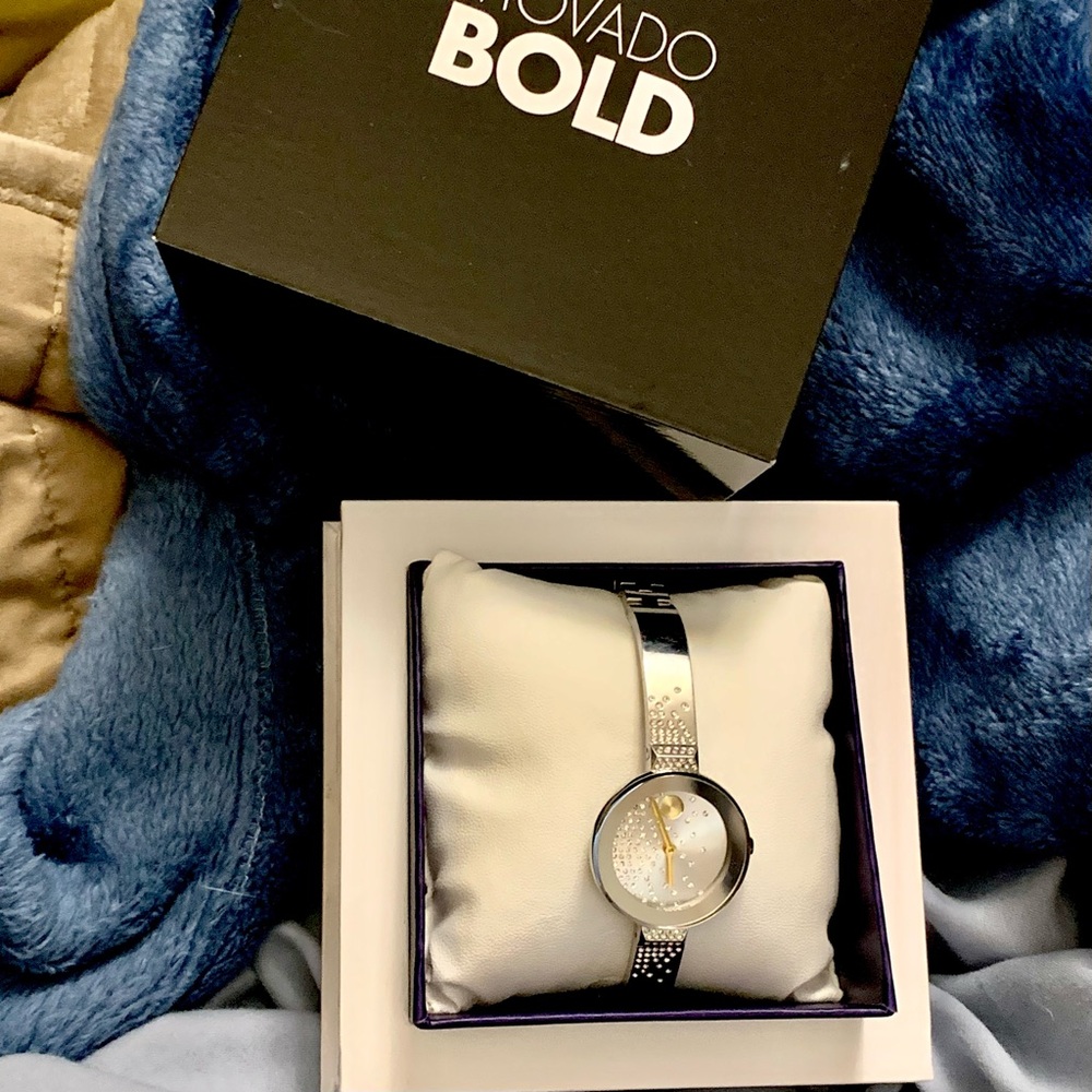 MOVADO COLLECTION BOLD SILVER BANGLE WATCH WITH CRYSTAL ACCENTS -  BASICALLY NEW